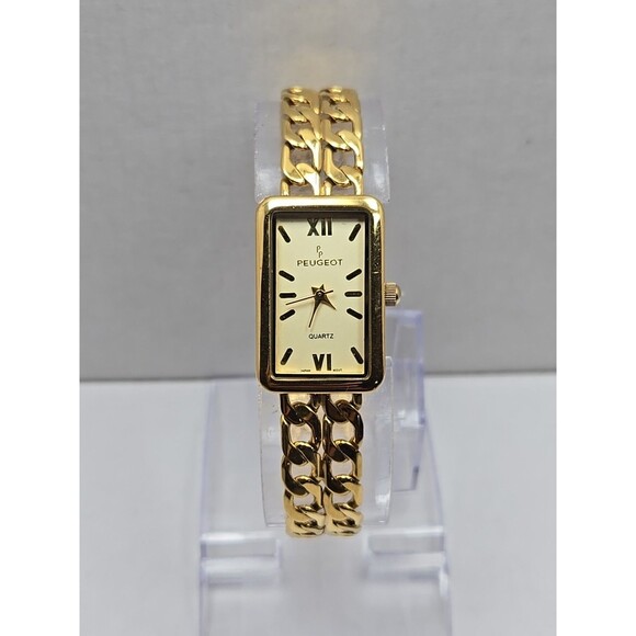 Peugeot 7081 Womens Gold Tone Tank Quartz Watch New Battery Curb Link Bracelet - Picture 1 of 9